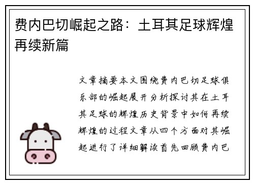 费内巴切崛起之路：土耳其足球辉煌再续新篇