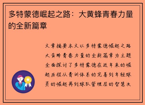多特蒙德崛起之路:大黄蜂青春力量的全新篇章 多特蒙德崛起之路:大黄蜂青春力量的全新篇章