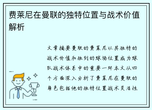 费莱尼在曼联的独特位置与战术价值解析